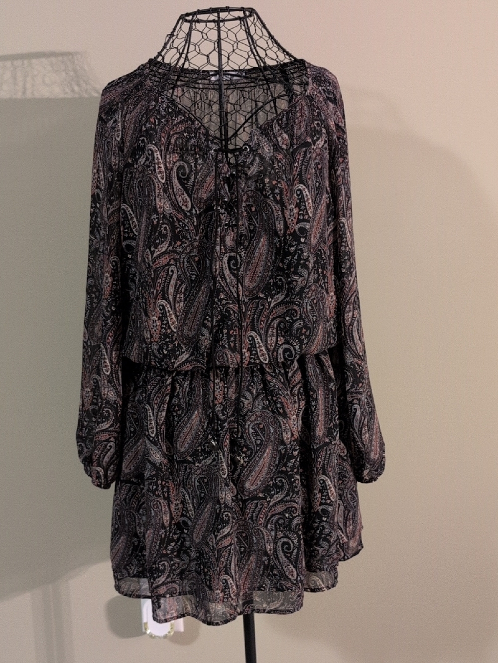 Dex Black and Pink Paisley Long-Sleeve Tiered Dress